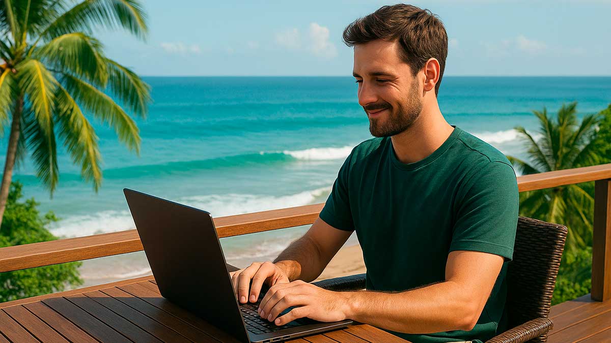 Удалённый специалист работает у океана