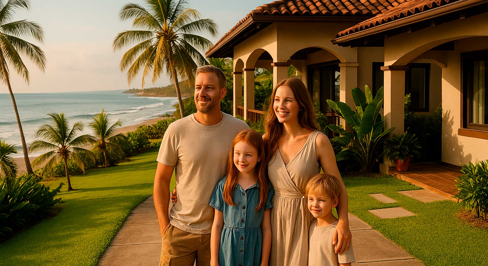 Семья у дома на побережье Коста-Рики